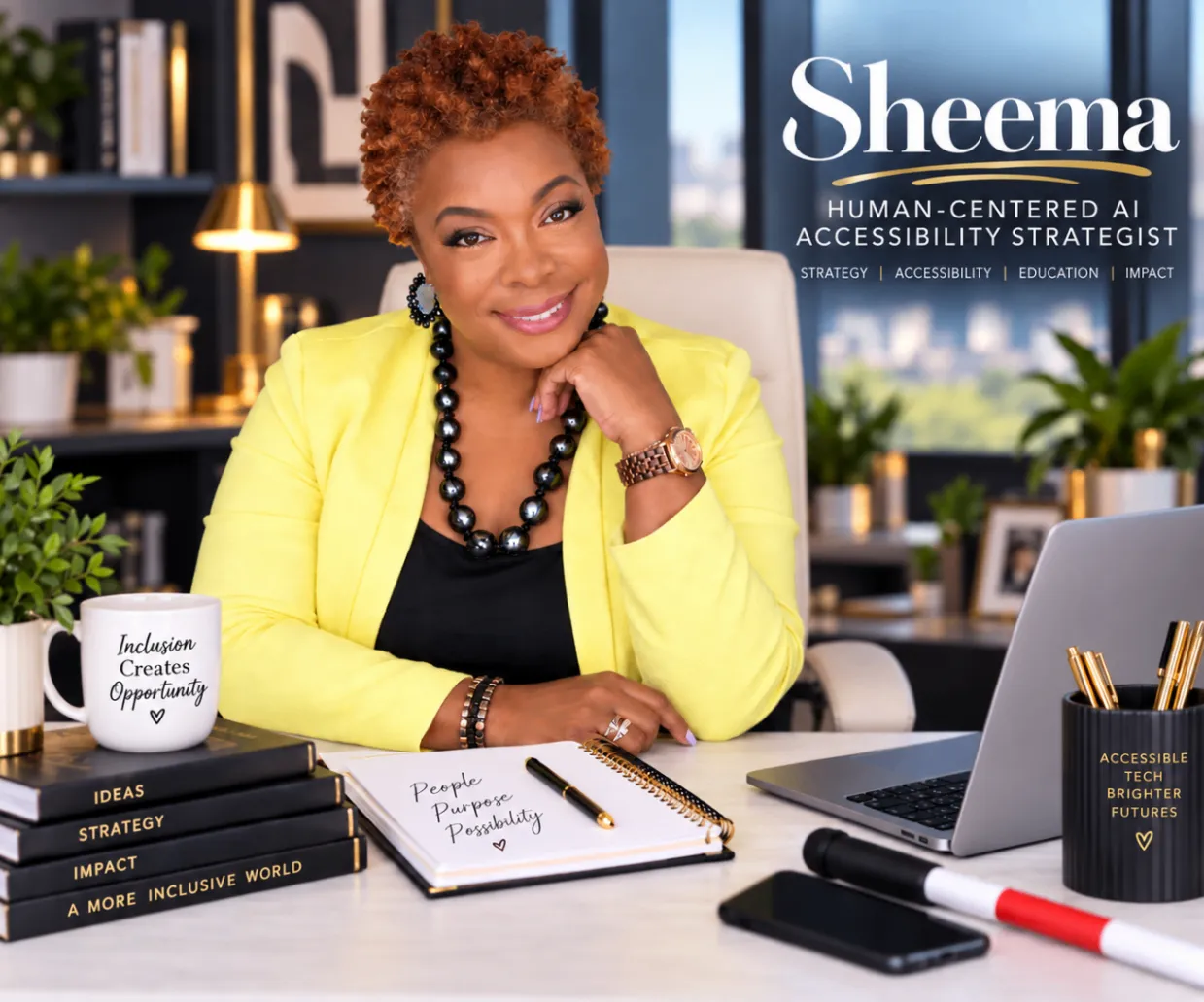 YaSheema Marshall seated at her desk in a yellow blazer, with a laptop, notebook, books, and a cane. Text in the image reads “Sheema: Human-Centered AI Accessibility Strategist” and “Inclusion Creates Opportunity.”